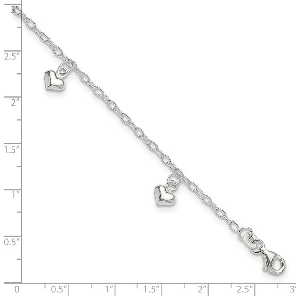925 Sterling Silver Polished Puffed Heart Charm 9" Plus1" Ext Jewelry Anklet - Picture 4 of 7